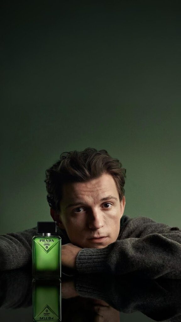 Tom Holland with Green Prada Perfume bottle